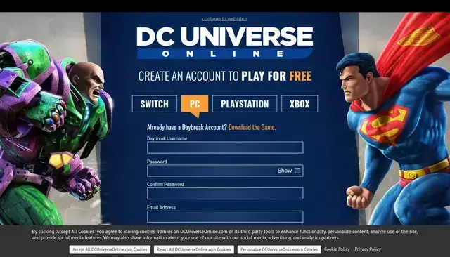 dcuniverseonline.com homepage screenshot