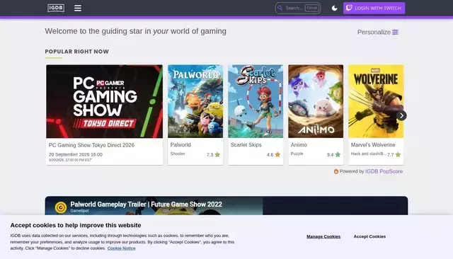 igdb.com homepage screenshot