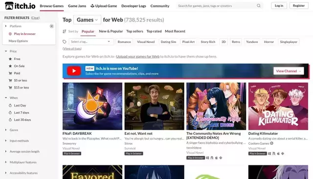 itch.io homepage screenshot