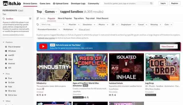 itch.io homepage screenshot