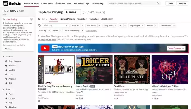 itch.io homepage screenshot