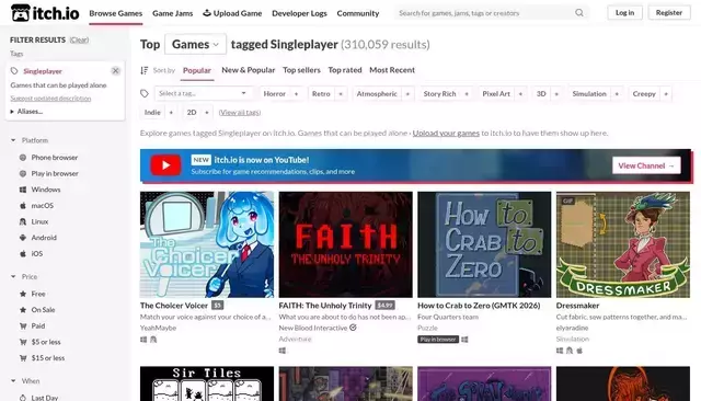 itch.io homepage screenshot