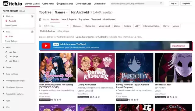 itch.io homepage screenshot