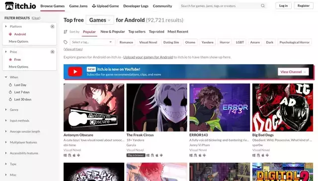 itch.io homepage screenshot