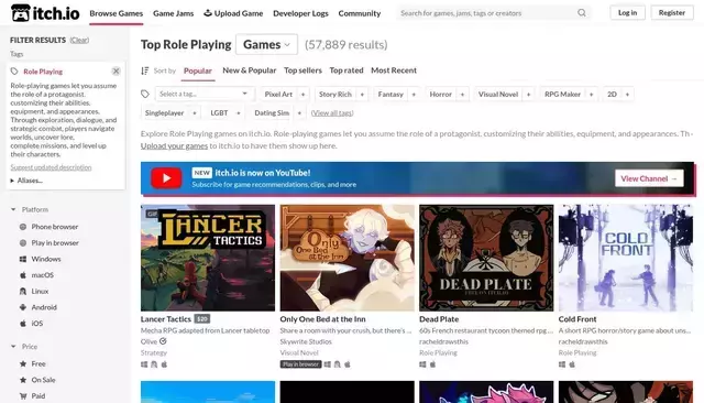 itch.io homepage screenshot