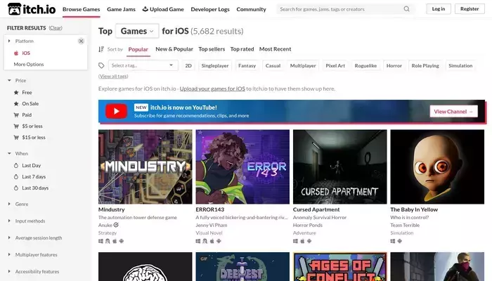 itch.io homepage screenshot