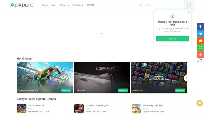 m.apkpure.com homepage screenshot