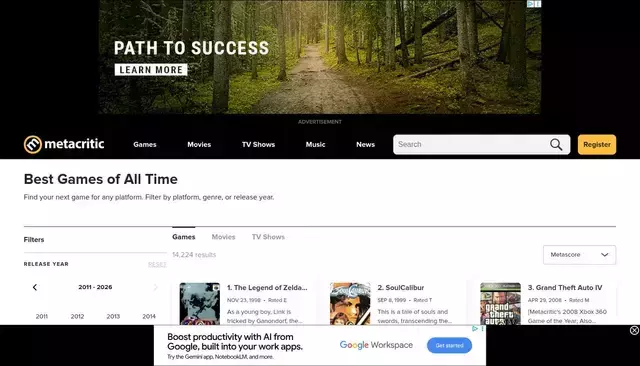 metacritic.com homepage screenshot
