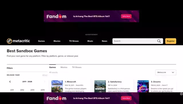 metacritic.com homepage screenshot