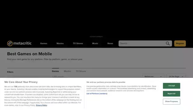 metacritic.com homepage screenshot