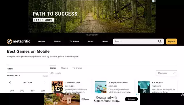 metacritic.com homepage screenshot