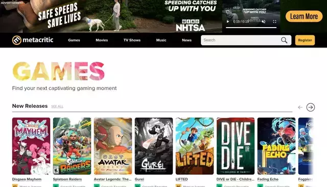 metacritic.com homepage screenshot