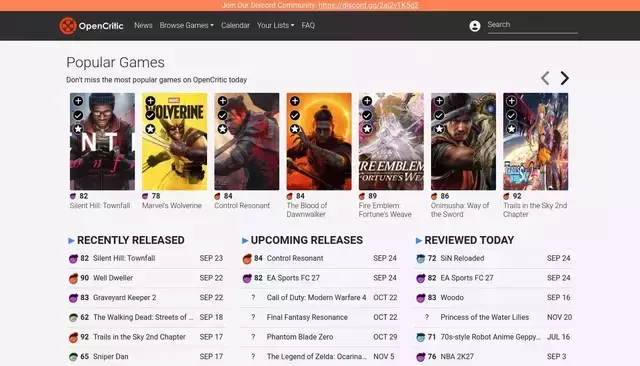 opencritic.com homepage screenshot