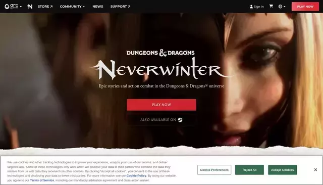 playneverwinter.com homepage screenshot