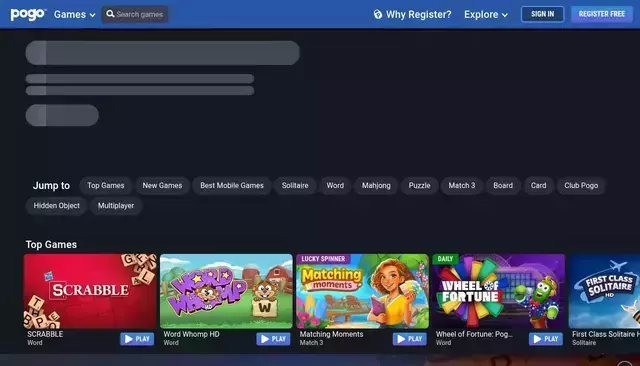 pogo.com homepage screenshot