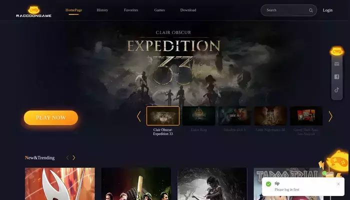 raccoongame.com homepage screenshot