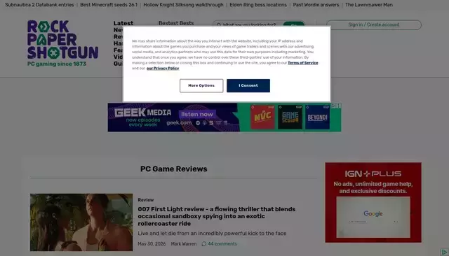 rockpapershotgun.com homepage screenshot