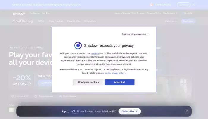 shadow.tech homepage screenshot
