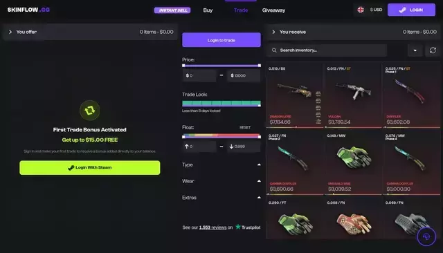 skinflow.gg homepage screenshot
