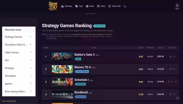 steam250.com homepage screenshot
