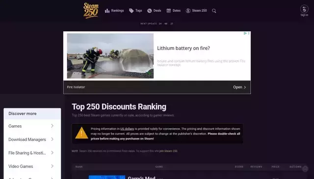 steam250.com homepage screenshot