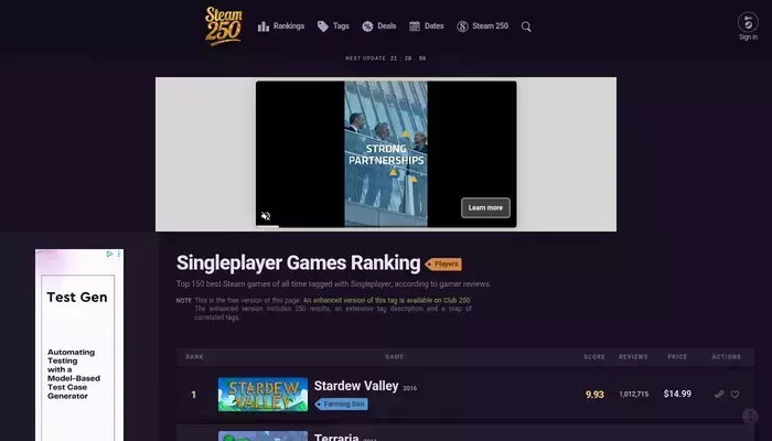 steam250.com homepage screenshot