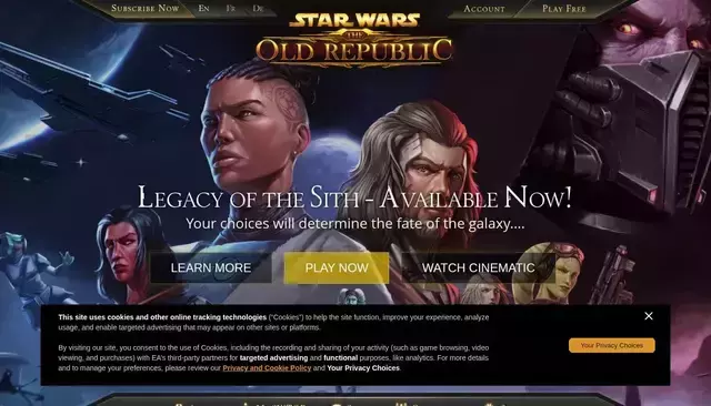 swtor.com homepage screenshot