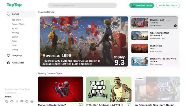 taptap.io homepage screenshot