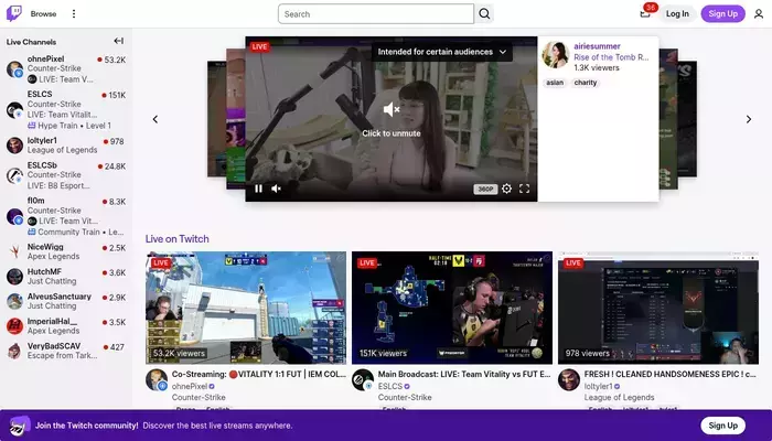twitch.tv homepage screenshot