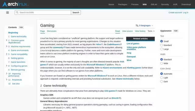 wiki.archlinux.org homepage screenshot